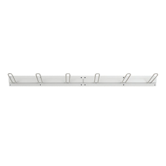 A long, metal  wall-mounted storage  rack with five evenly spaced metal hooks for hanging items.