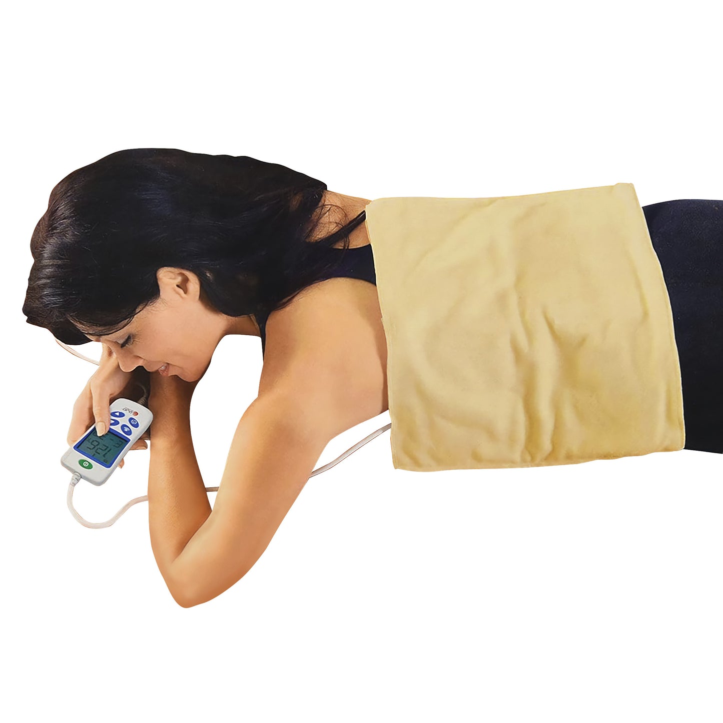 A person lies on their stomach using a Theratherm Automatic Moist Heat Pack on their back, holding a digital control.