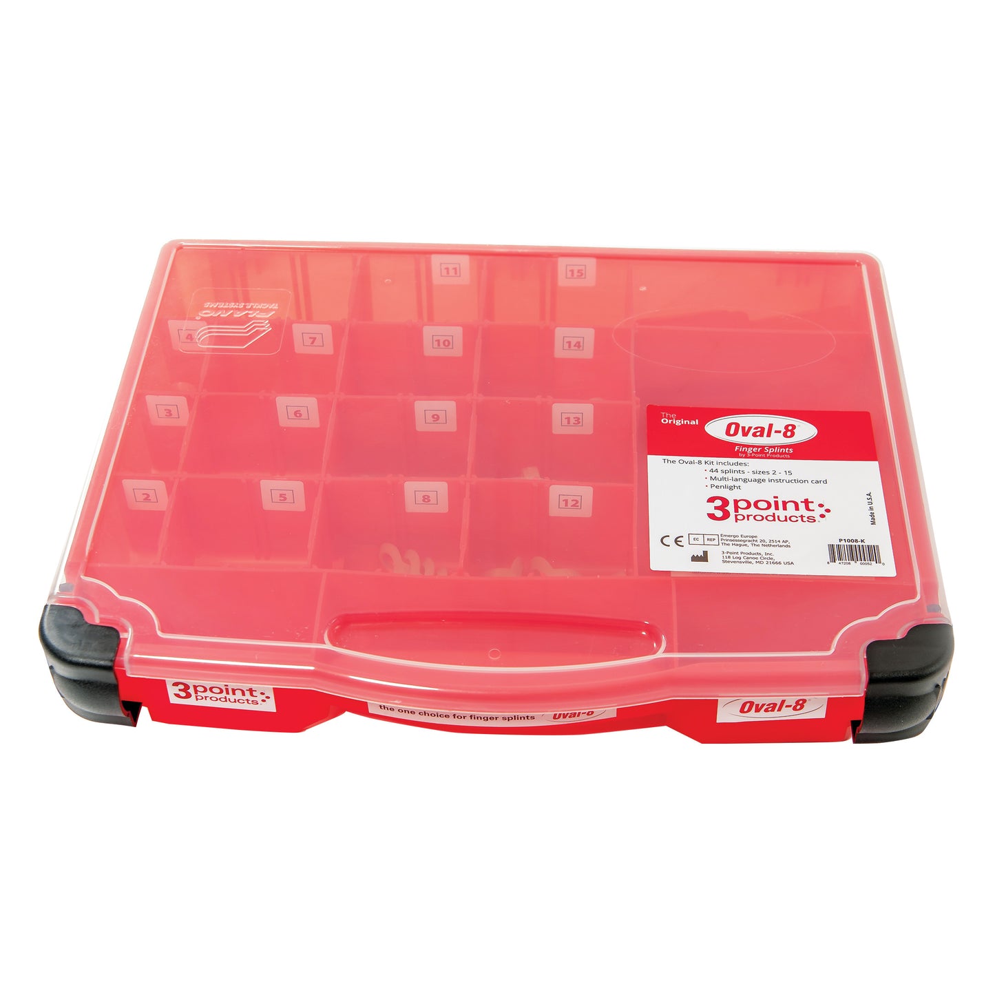 Oval-8 Finger Splint Kit in a red organizer case with numbered compartments for various splint sizes and an instruction card.