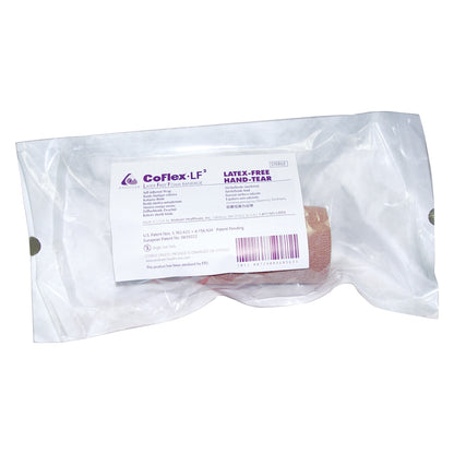 Sterile CoFlex LF2 Flexible Cohesive Bandage in a clear packaging, labeled as latex-free and hand-tear, with a visible barcode.