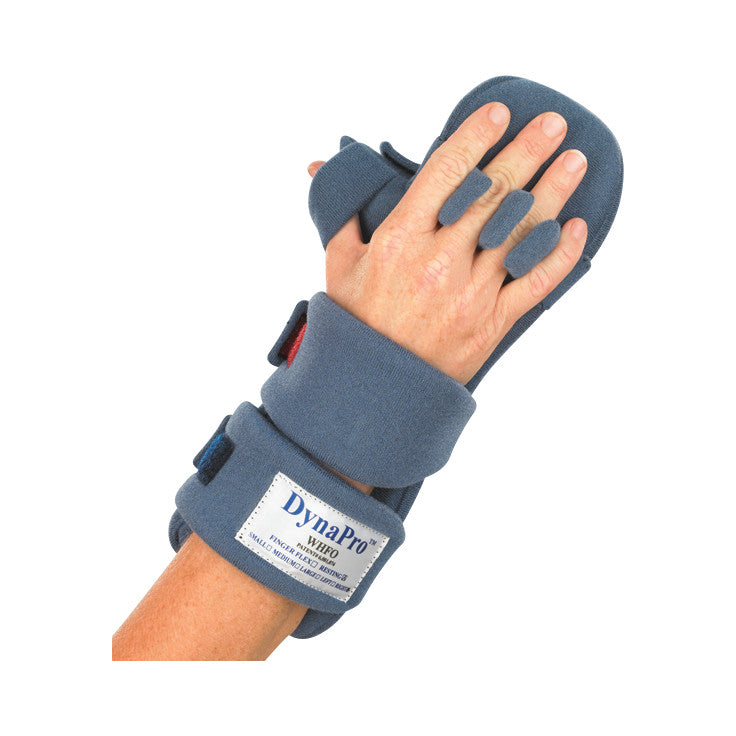 A hand wearing the OCSI DynaPro Resting Hand WHFO, a blue splint for wrist support with  finger separators and straps.