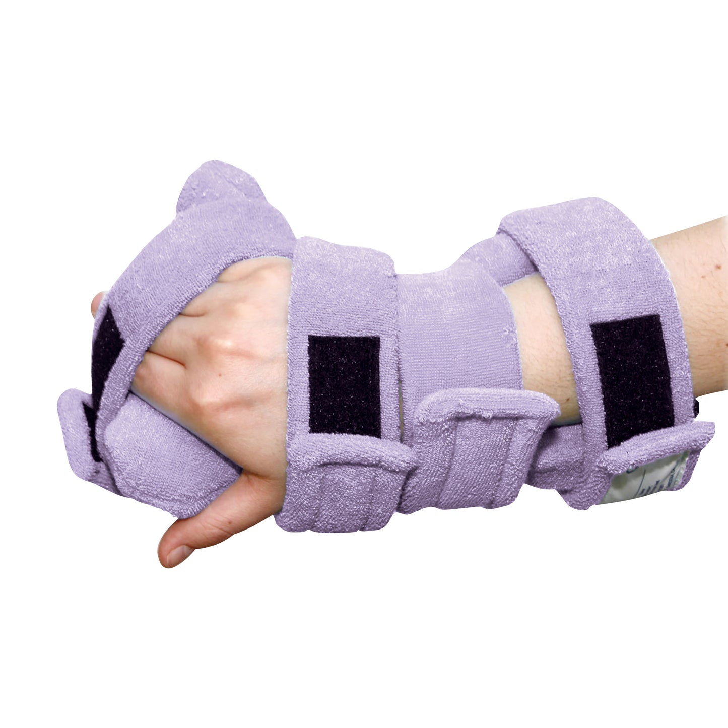 A child's hand is secured in a light purple Comfy Splints Pediatric 4-Strap Hand/Wrist Orthosis
