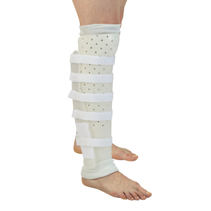A leg wears a Miami Tibial Fracture PTB Brace with adjustable straps and perforated design for support.