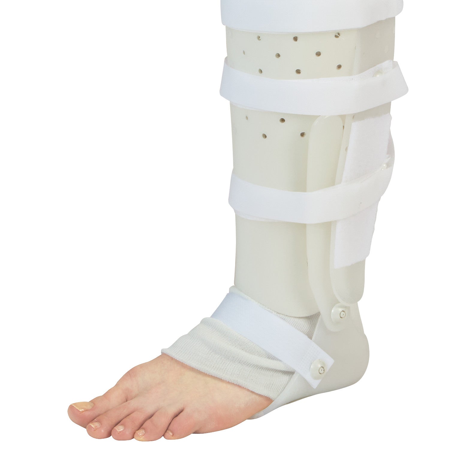 A foot wearing the "Foot Component for Miami Tibial Fracture PTB Brace" with adjustable straps and a toe opening.