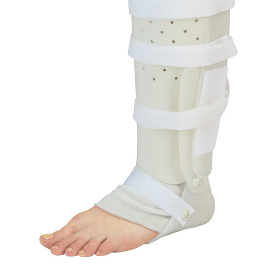 A foot wearing the "Foot Component for Miami Tibial Fracture PTB Brace" with adjustable straps and a toe opening.