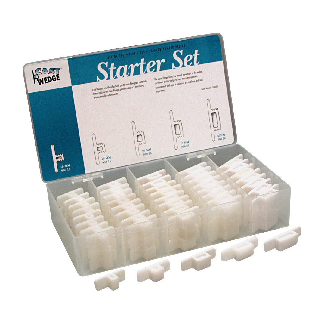 The CastWedge Starter Set contains various white plastic wedges in a compartmentalized box with a labeled lid showing five sizes.