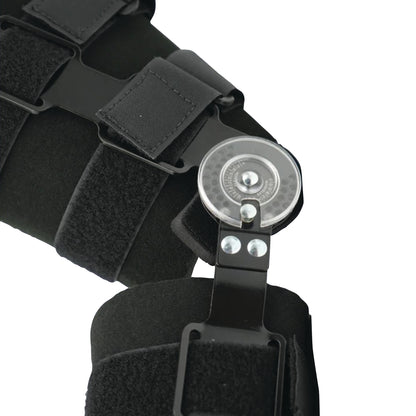 The RCAI Pediatric Adjustable Post-Operative Pin (POP) Knee Brace with black padded straps and a metal adjustable joint is shown.