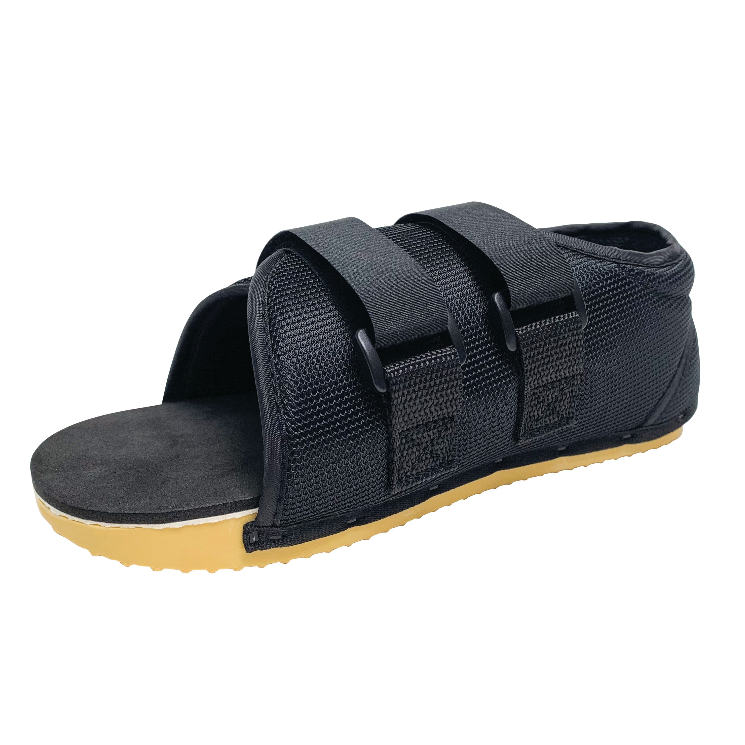 Canvas Post-Op Shoe with a black mesh upper, adjustable straps, and a yellow sole, designed for post-surgical foot support.