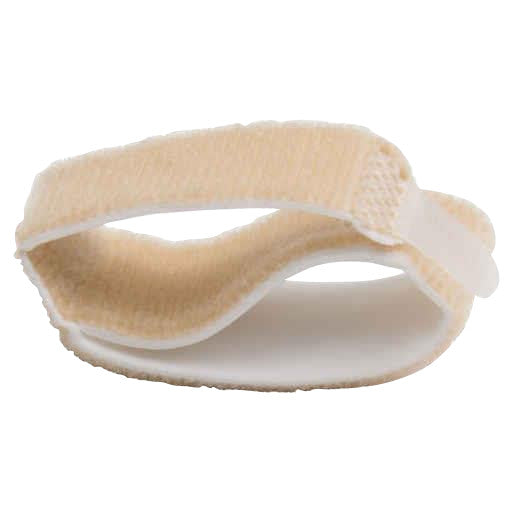 A PediFix Comfort ToeWraps, featuring a soft, beige loop design with hook and loop closure used for pain relief and alignment.