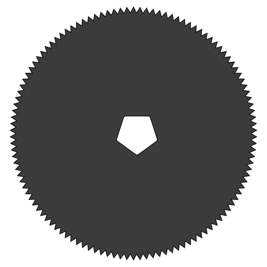A circular "Cast Saw Blade for DeSoutter CleanCast CC4, CC5, CC6, and CSB Cast Saws" with sharp, evenly spaced teeth and a pentagon center hole.
