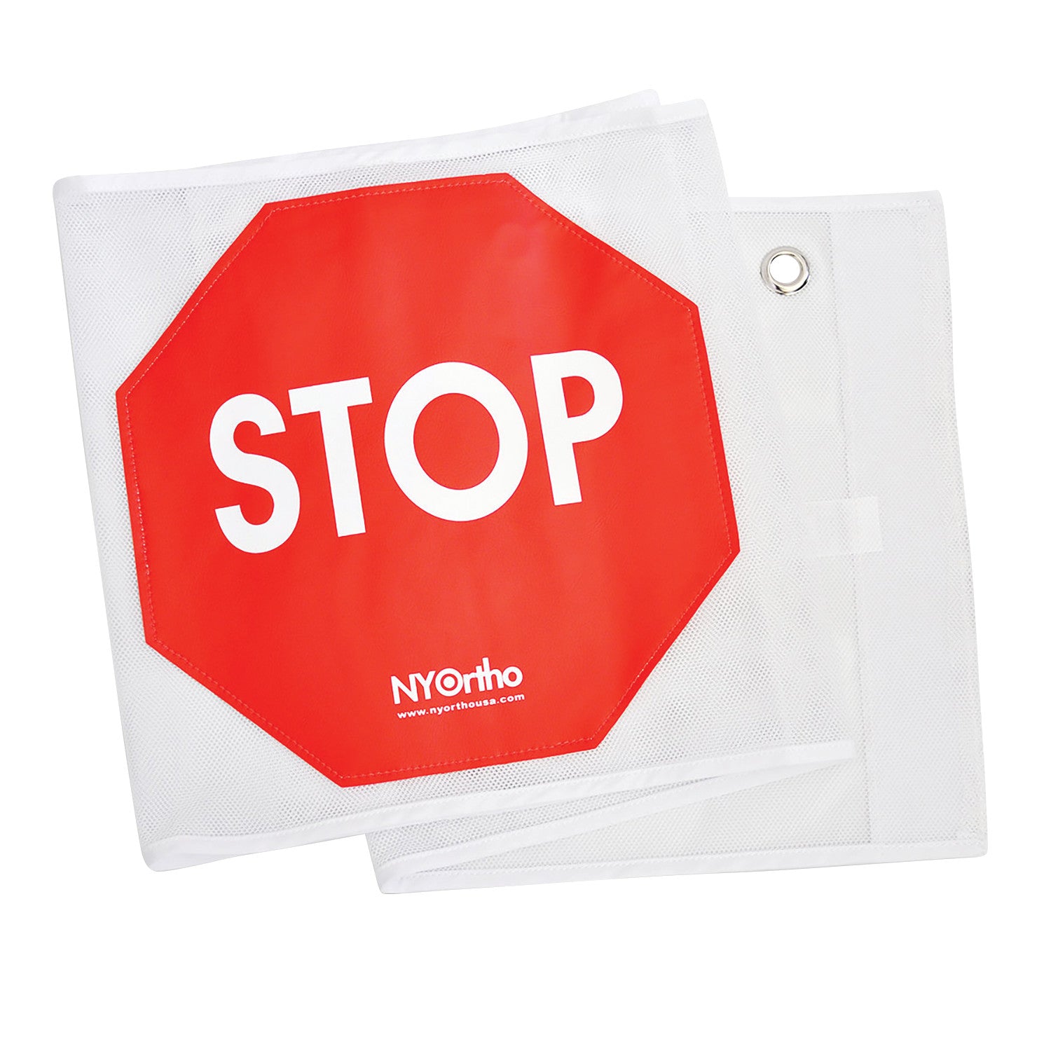 Red octagonal NYOrtho Door Guard Stop Sign with "STOP" text, designed for attachment to a white mesh surface.