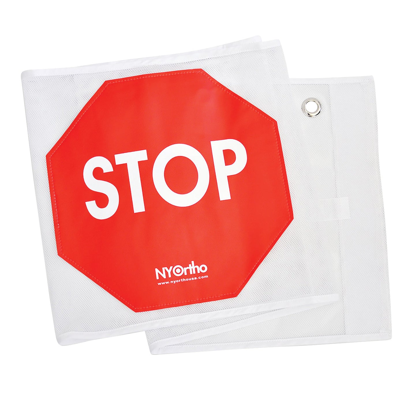 Red octagonal NYOrtho Door Guard Stop Sign with "STOP" text, designed for attachment to a white mesh surface.
