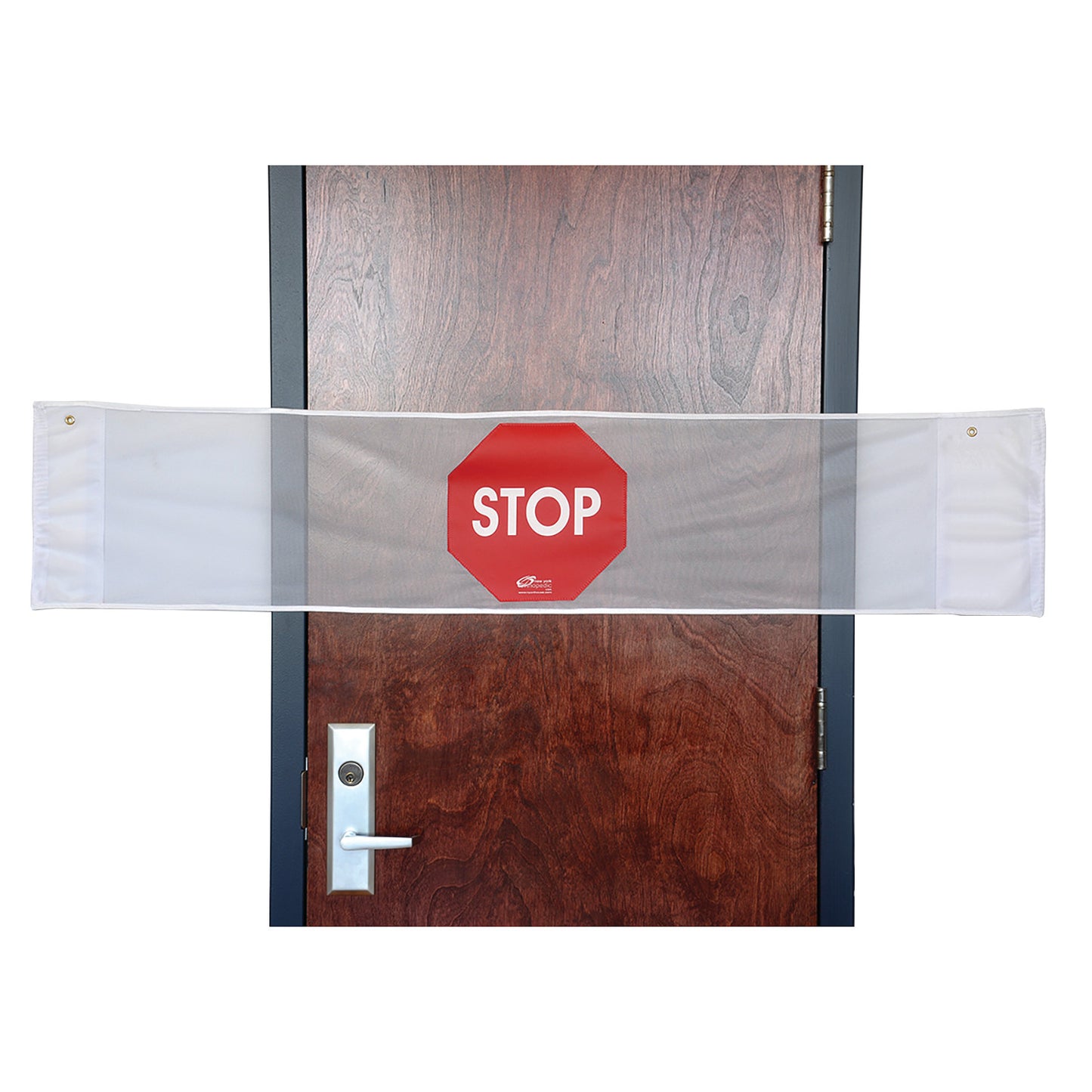 The NYOrtho Door Guard Stop Sign is a white strap with a red stop sign symbol, displayed horizontally on a closed wooden door.