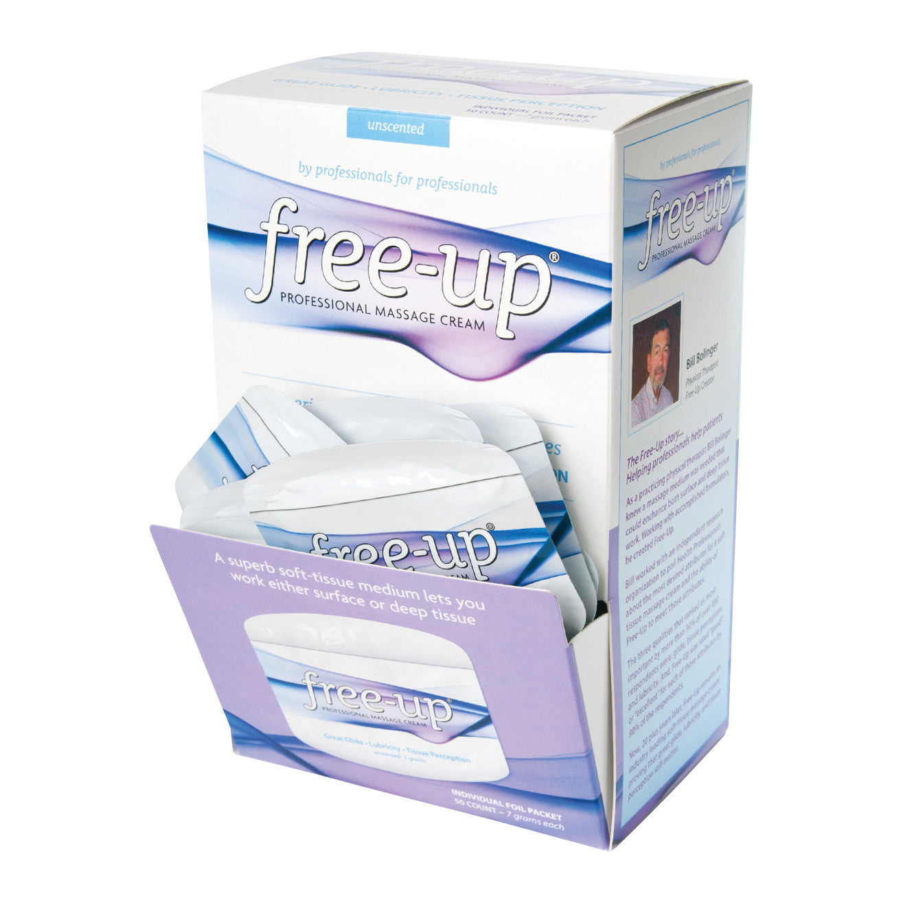 A box of Free-Up Professional Massage Cream, unscented, containing individual foil packets, designed for soft-tissue massage.