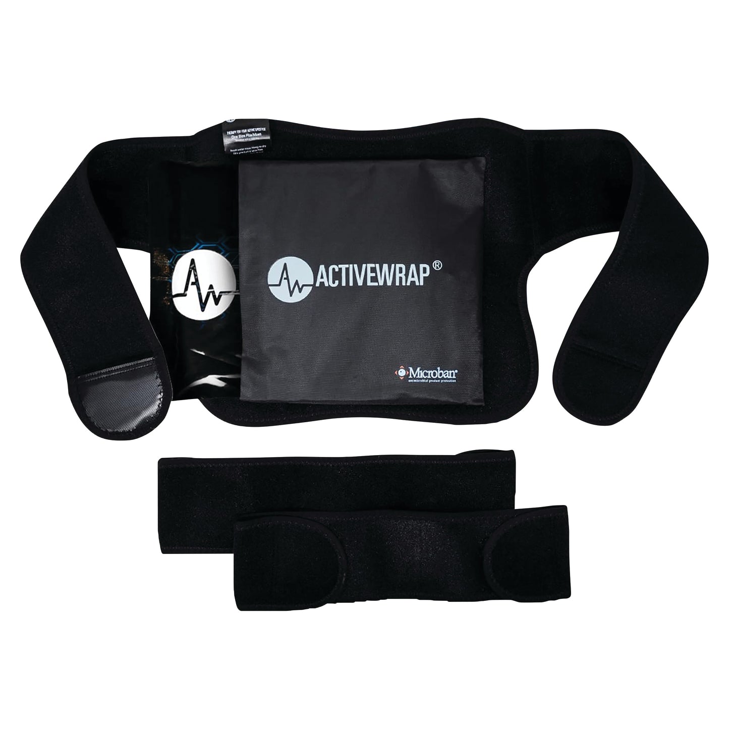ActiveWrap black therapy wrap with adjustable straps and a central pouch featuring the ActiveWrap logo, designed for injury care.