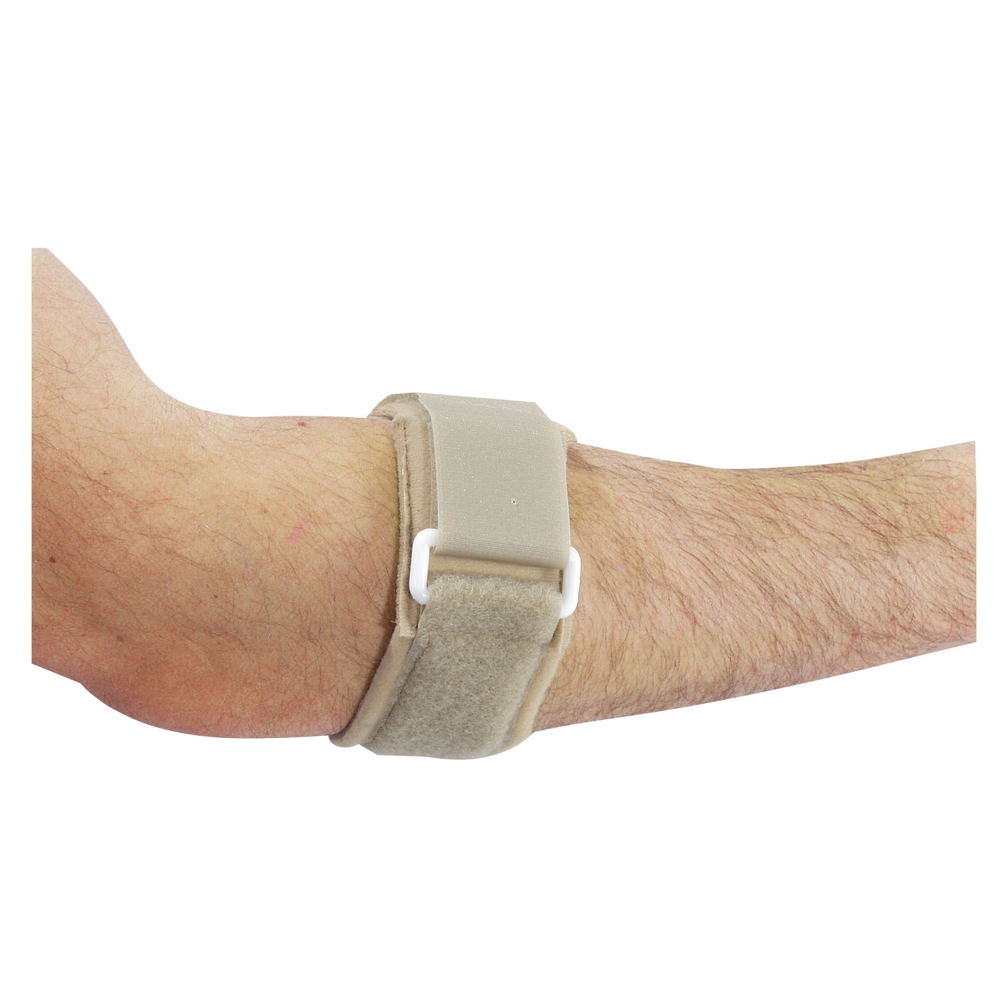 A person's arm wears a beige AliMed FREEDOM Comfort Tennis Elbow Strap  with an adjustable hook and loop closure.