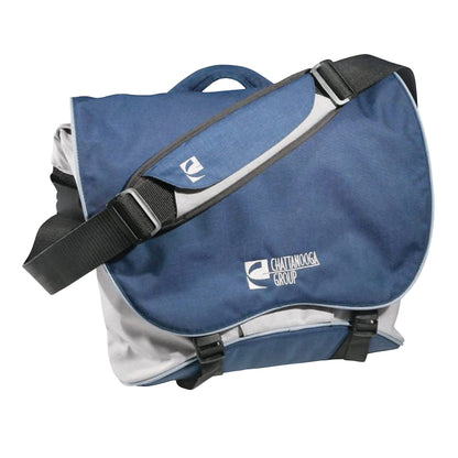 Blue and gray carry bag for Chattanooga Intelect Transport Two-Channel Stimulator System, featuring a shoulder strap and logo.