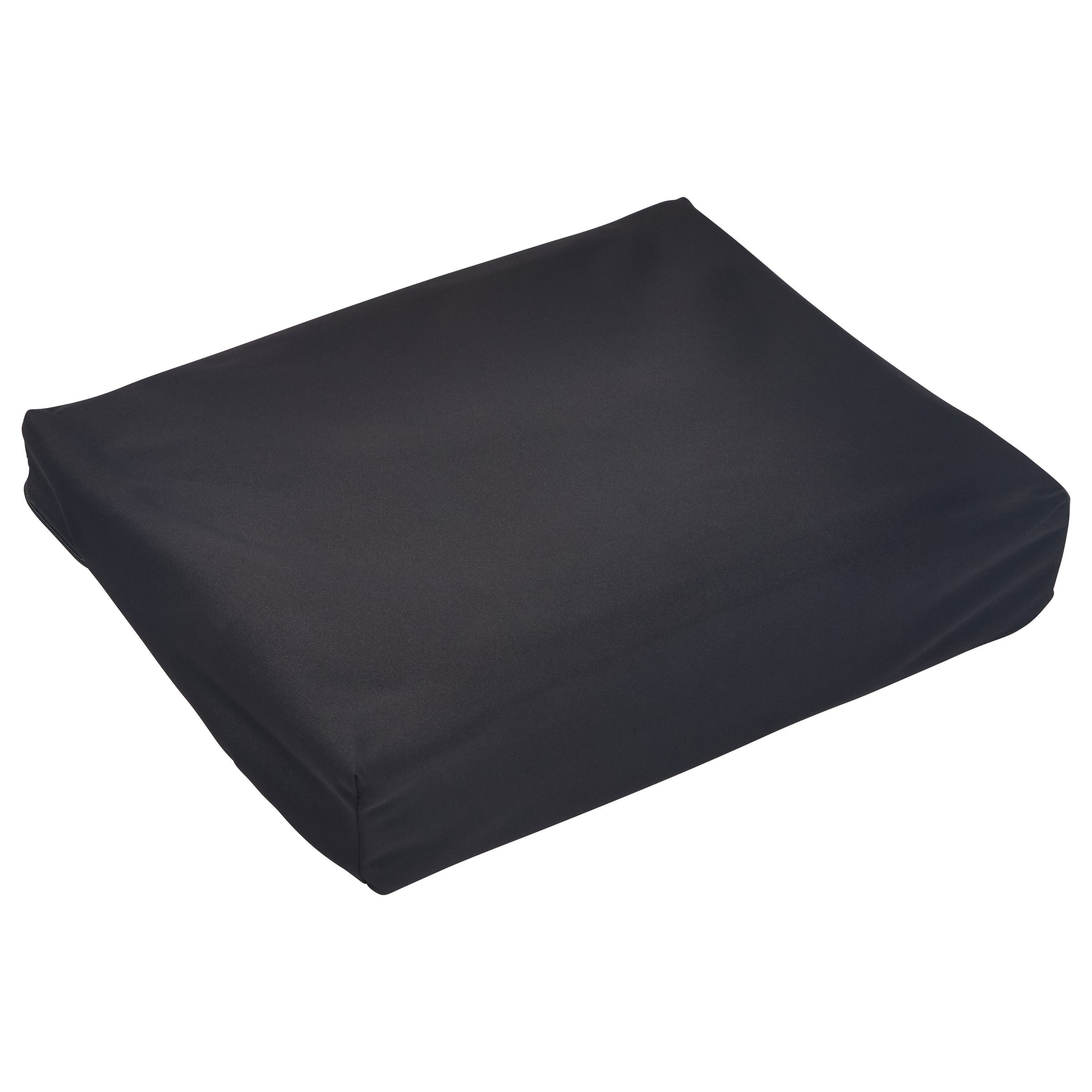 A black SkiL-Care Ultra Gel-Foam Vinyl Wedge Wheelchair Cushion with a smooth, slightly sloped surface.