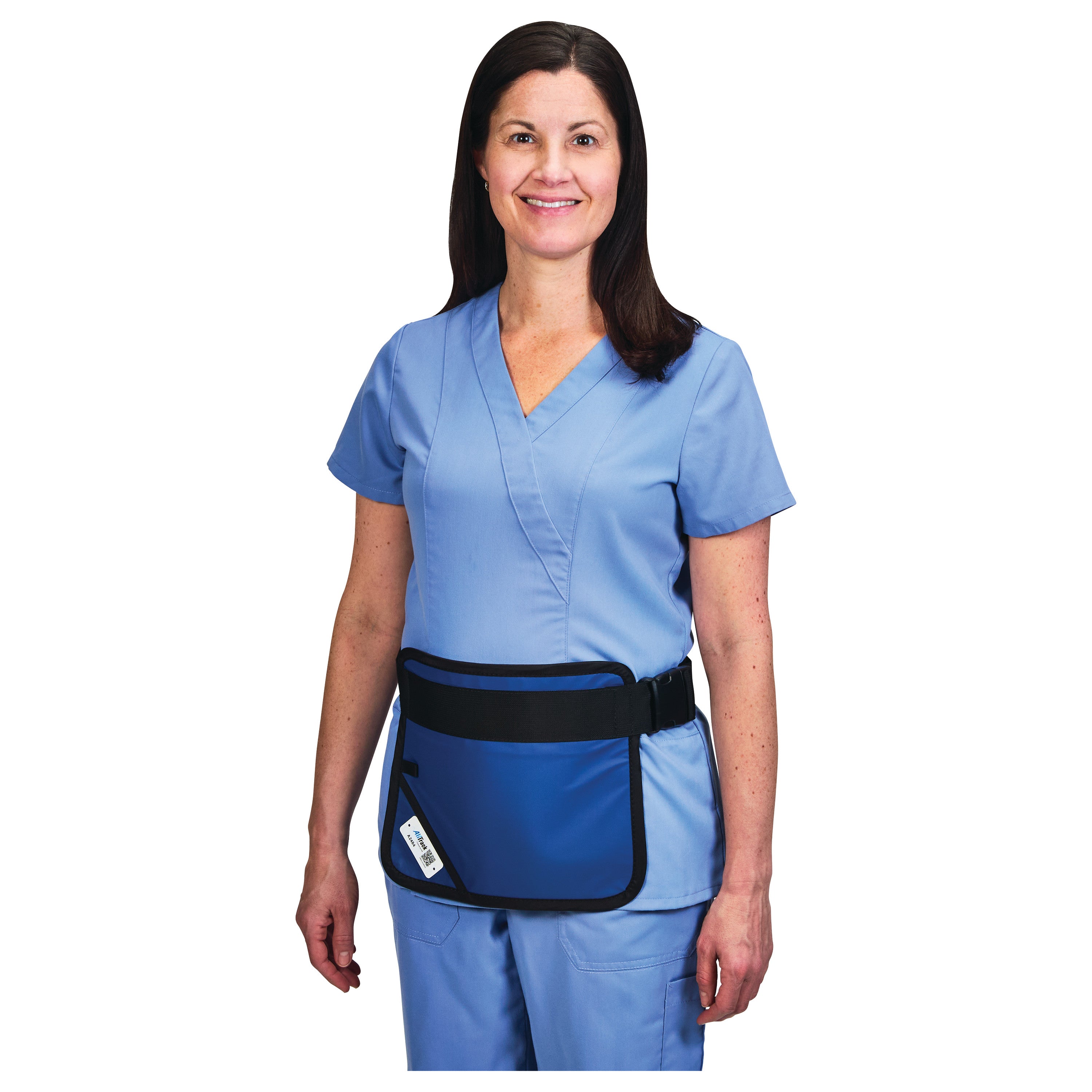 A person wearing an AliMed Mini Apron over light blue medical scrubs. The apron is blue with a black strap and pocket.