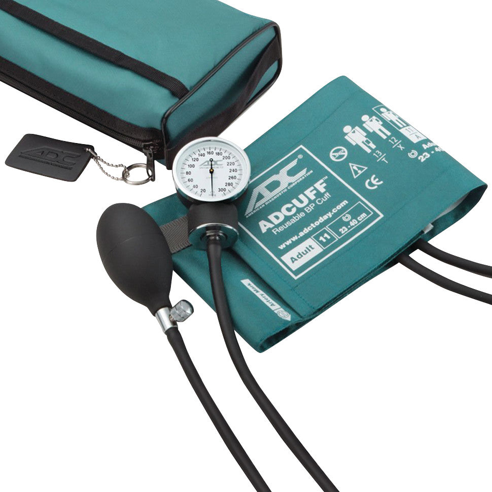 ADC Prosphyg 768 Pocket Aneroid Sphygmomanometer with a teal cuff and case, featuring a gauge and inflation bulb.