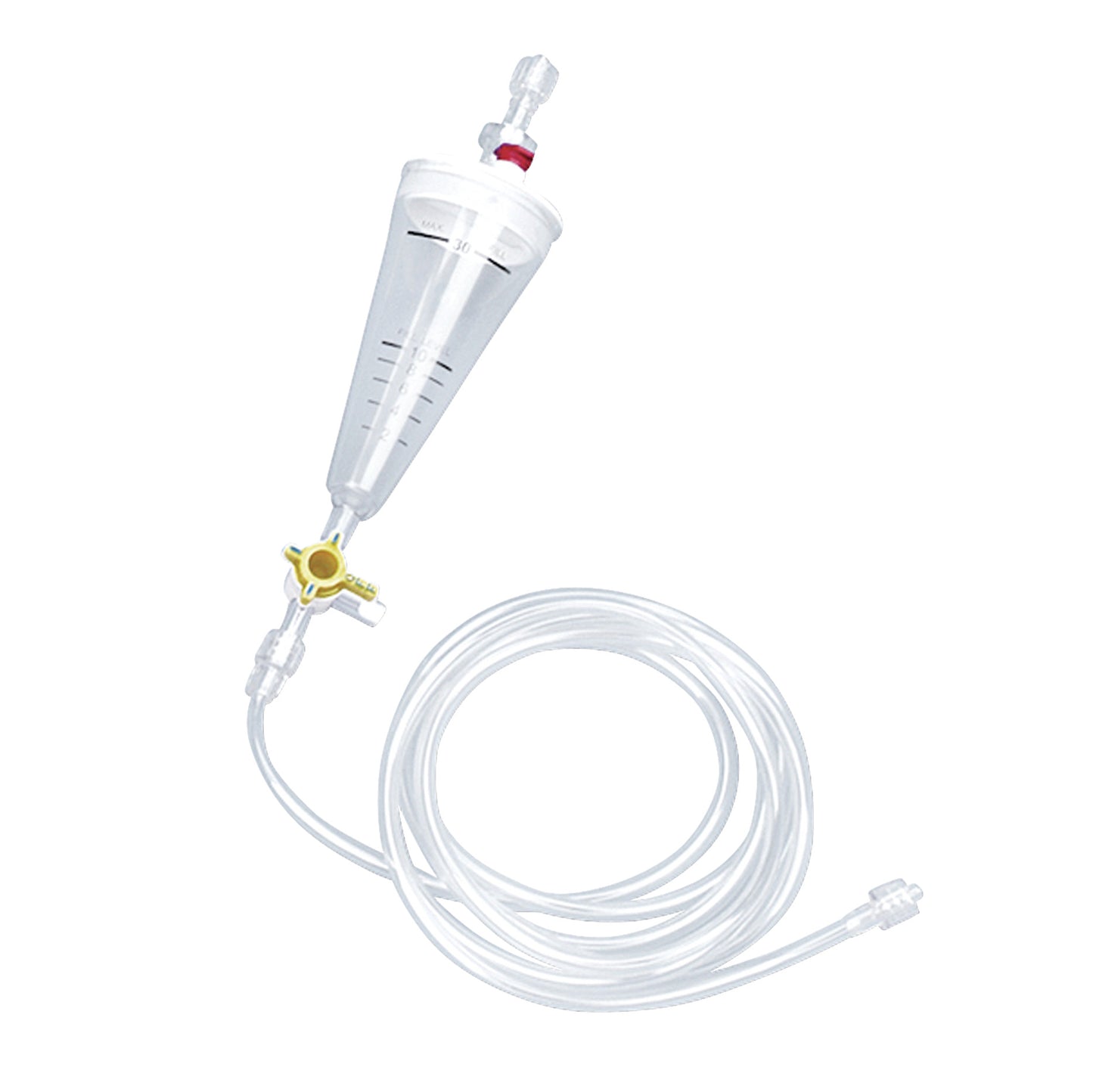 DeRoyal Contrast Saver Set with a graduated funnel and long clear tubing, featuring a yellow rotary valve for fluid regulation.