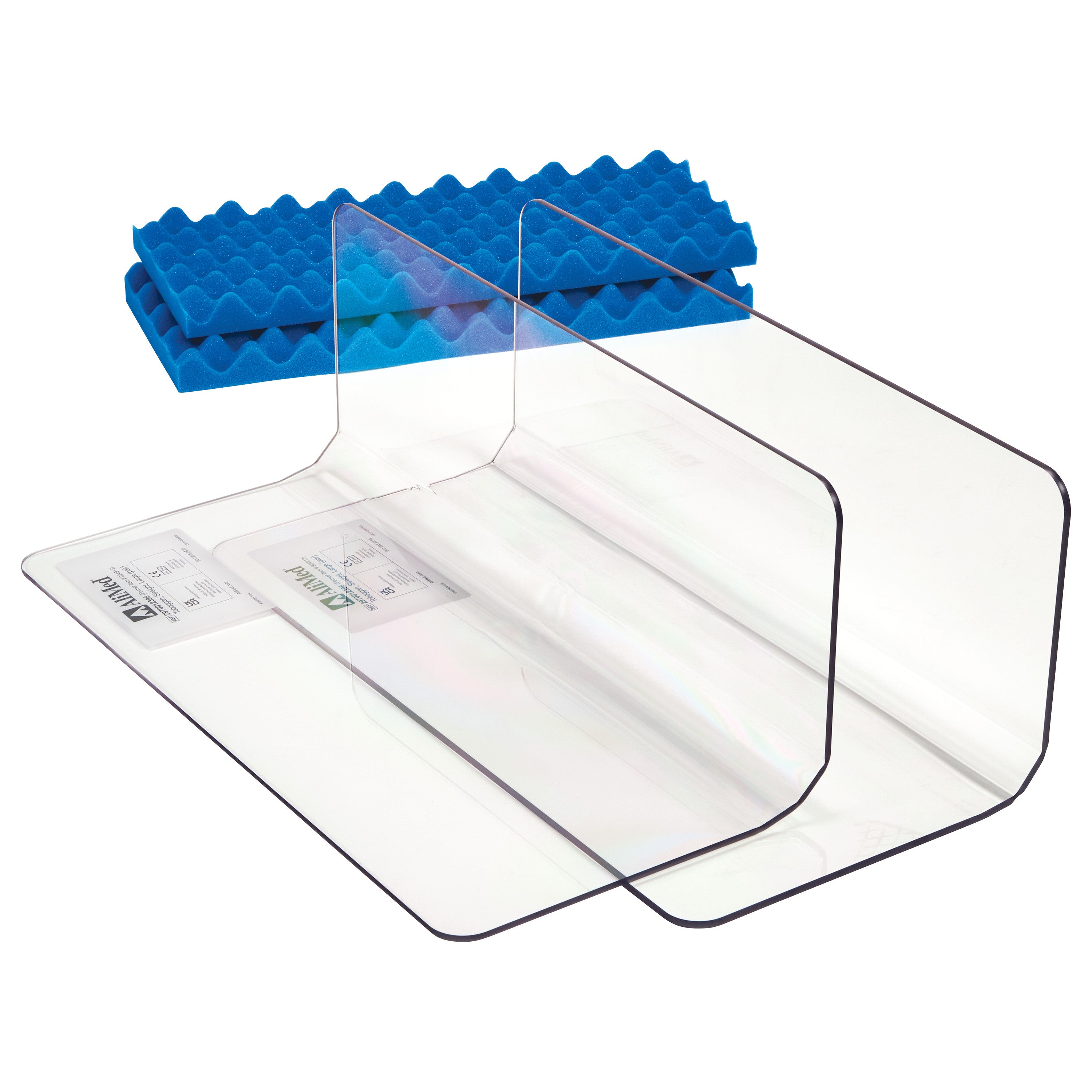 AliMed Straight Toboggan and Single-Use Liner Kit with clear plastic toboggans and blue foam liners in a pack.