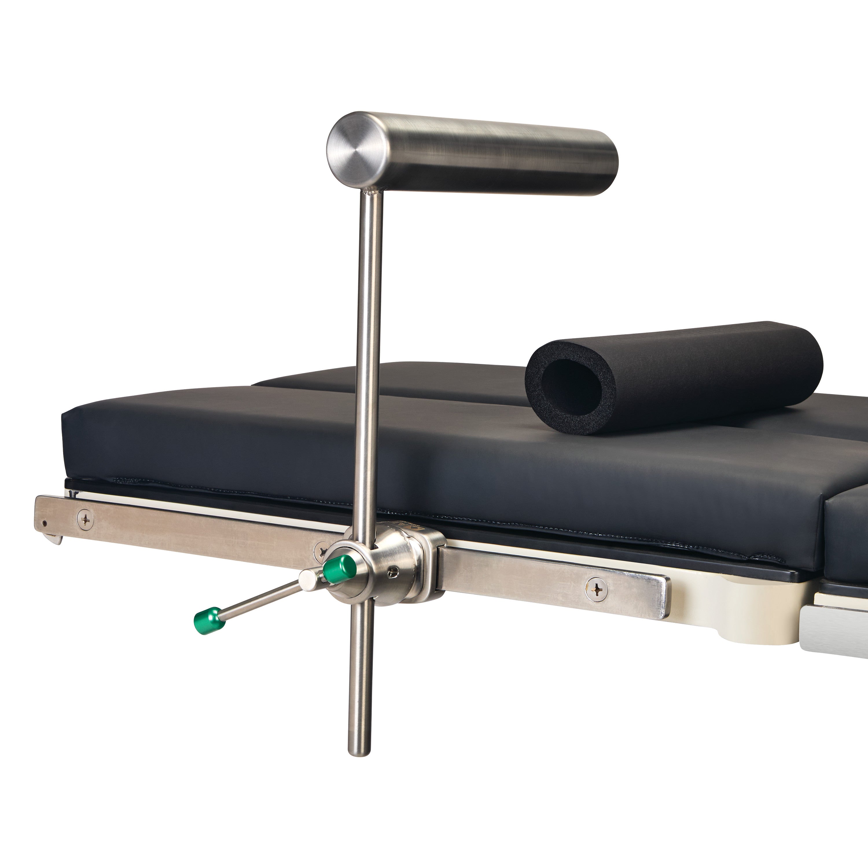 AliMed Stainless Steel Total Knee Replacement (TKR) Support attached to a padded table, featuring an adjustable cylindrical armrest.