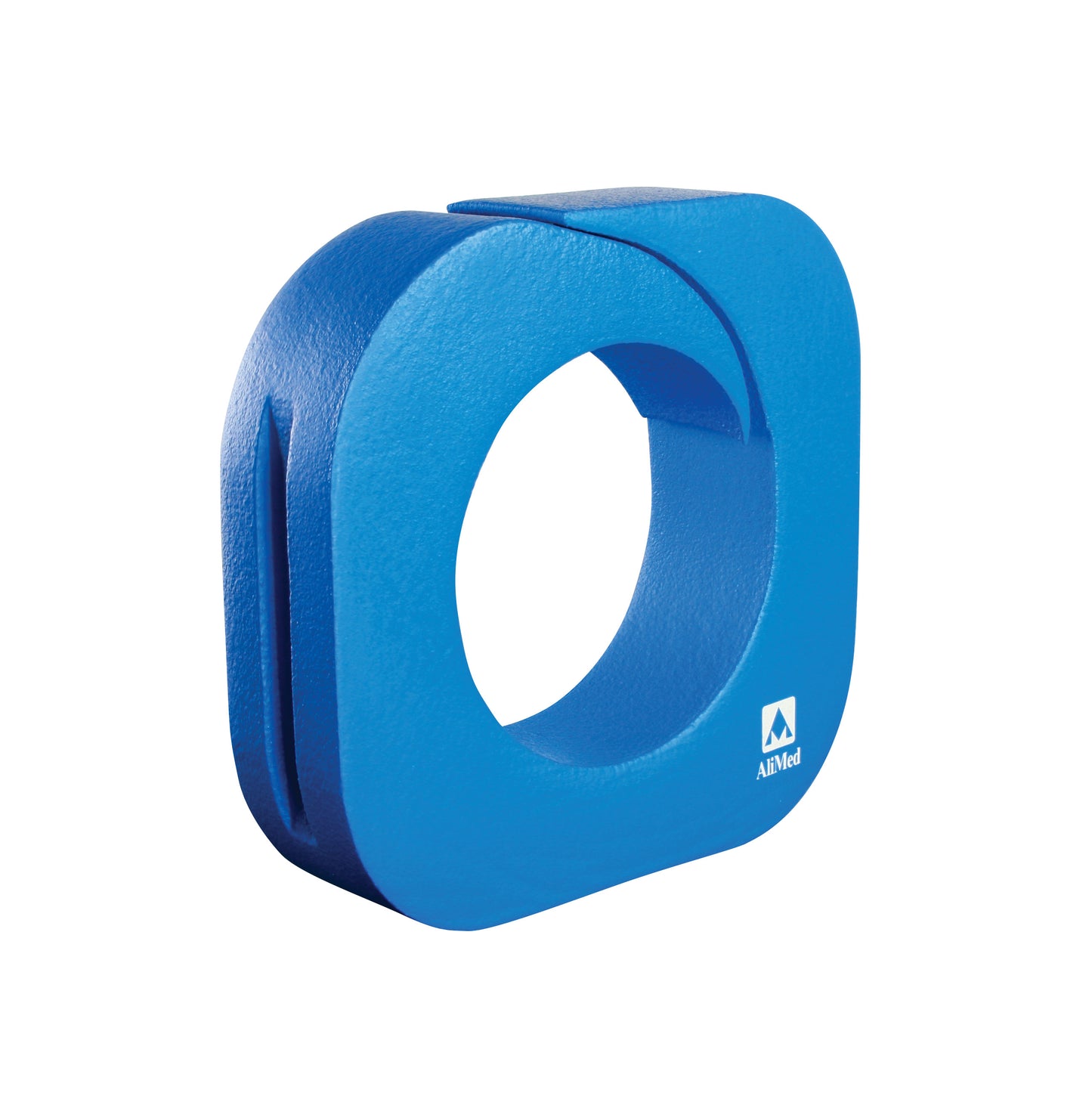 A blue AliMed Vinyl-Coated Operative Leg Holder with a circular opening and a slit design on one side for secure leg positioning.