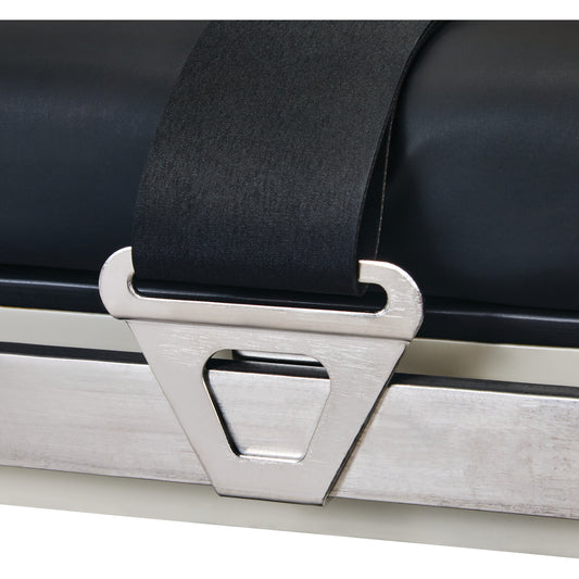 Close-up of an AliMed Strap Hook securing a black strap on a metallic surface. The hook is silver and triangular in shape.