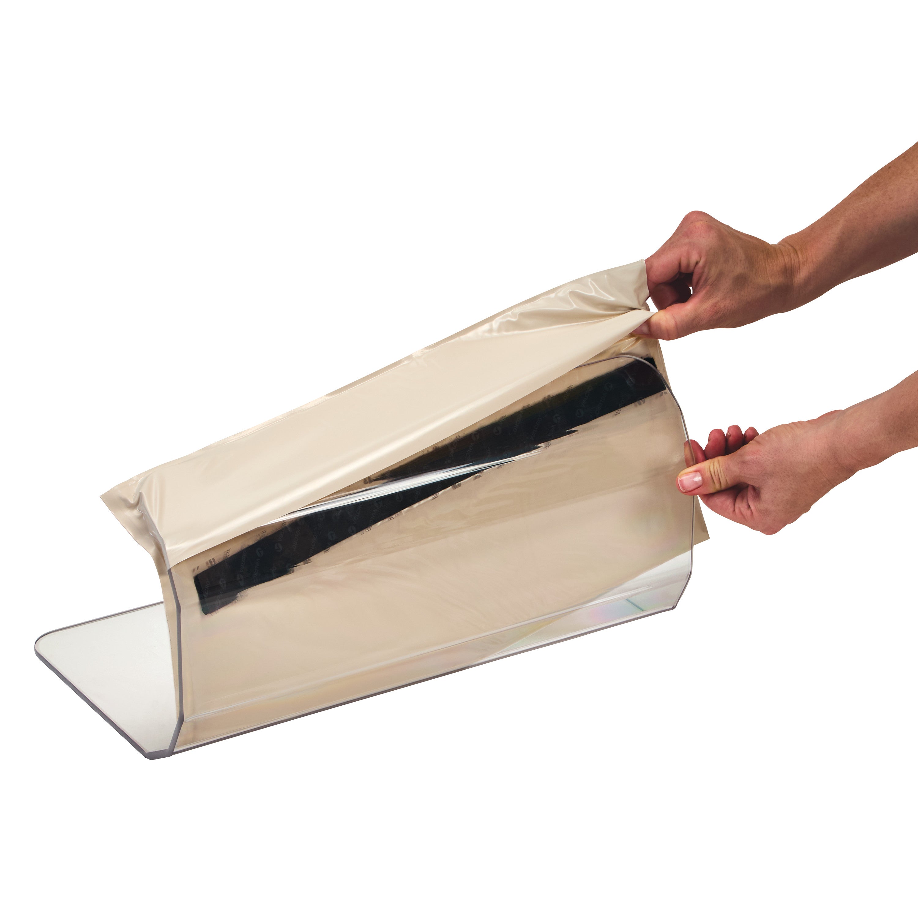 Hands adjust an AliMed AliGel Toboggan Gel Pad, a beige, flexible pad with a black strip, on a transparent stand.