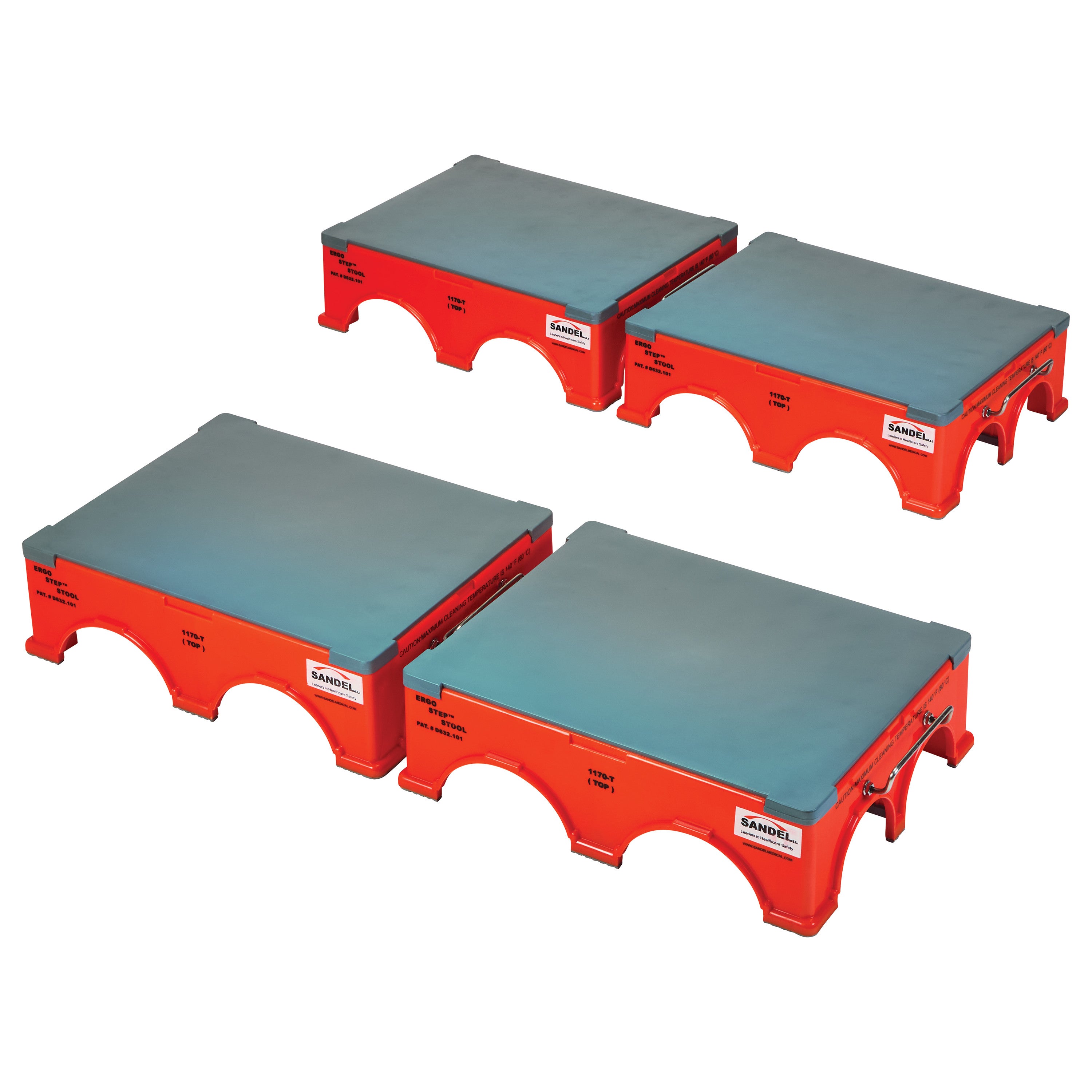 Five SANDEL Ergo-Step Stools with orange bases and gray tops are arranged in a staggered formation.