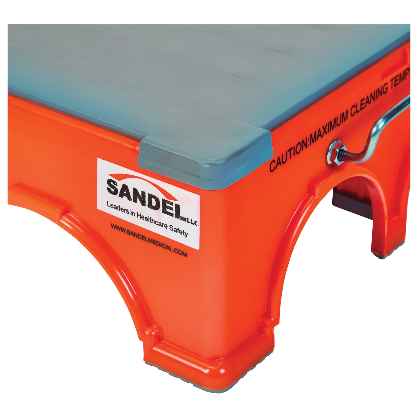 Orange SANDEL Ergo-Step Stool with a gray top, featuring a label and a caution note for maximum cleaning temperature on the side.