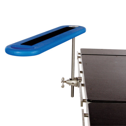 The AliMed Radiolucent Armboard is a blue arm support attached to a metal table via an adjustable clamp.