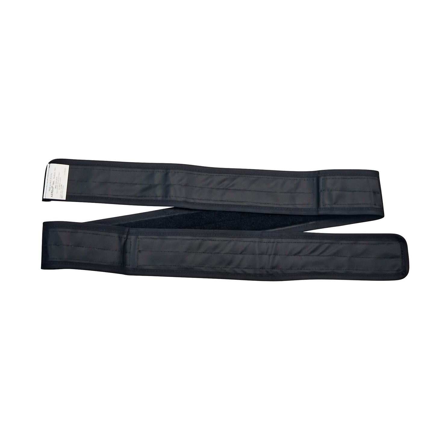 The AliMed Nonmetallic Operating Room Table Strap is shown, featuring a long, dark fabric with adjustable hook-and-loop fasteners.