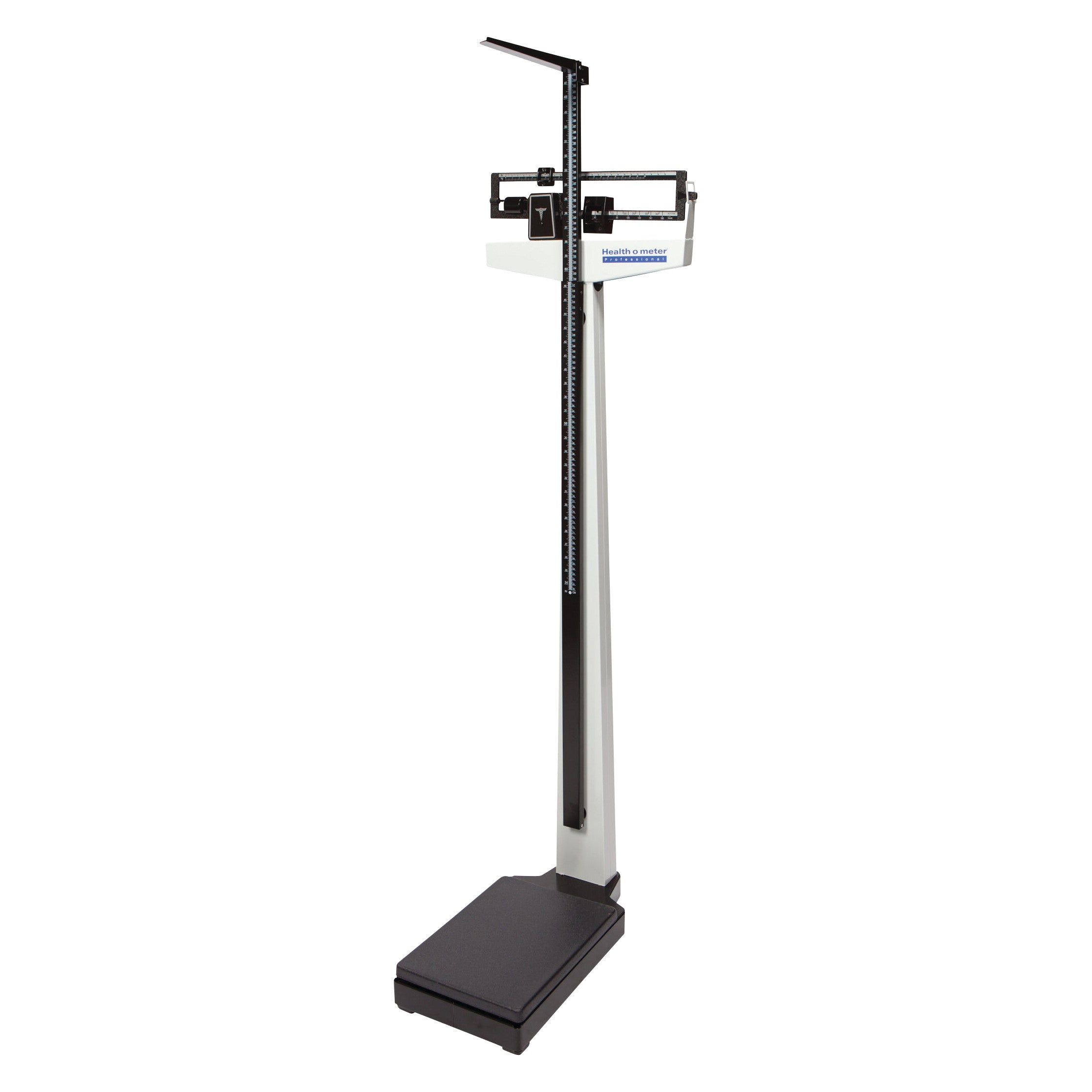 A Health o meter Physician Mechanical Beam Scale with a tall column, balance beam, and platform for weighing, featuring height measurement.