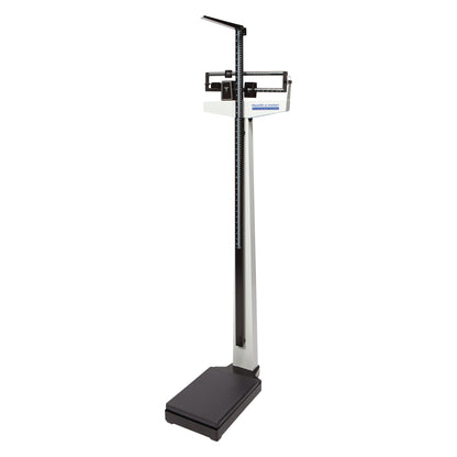 A Health o meter Physician Mechanical Beam Scale with a tall column, balance beam, and platform for weighing, featuring height measurement.