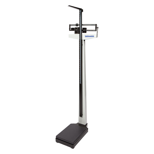 A Health o meter Physician Mechanical Beam Scale with a tall column, balance beam, and platform for weighing, featuring height measurement.
