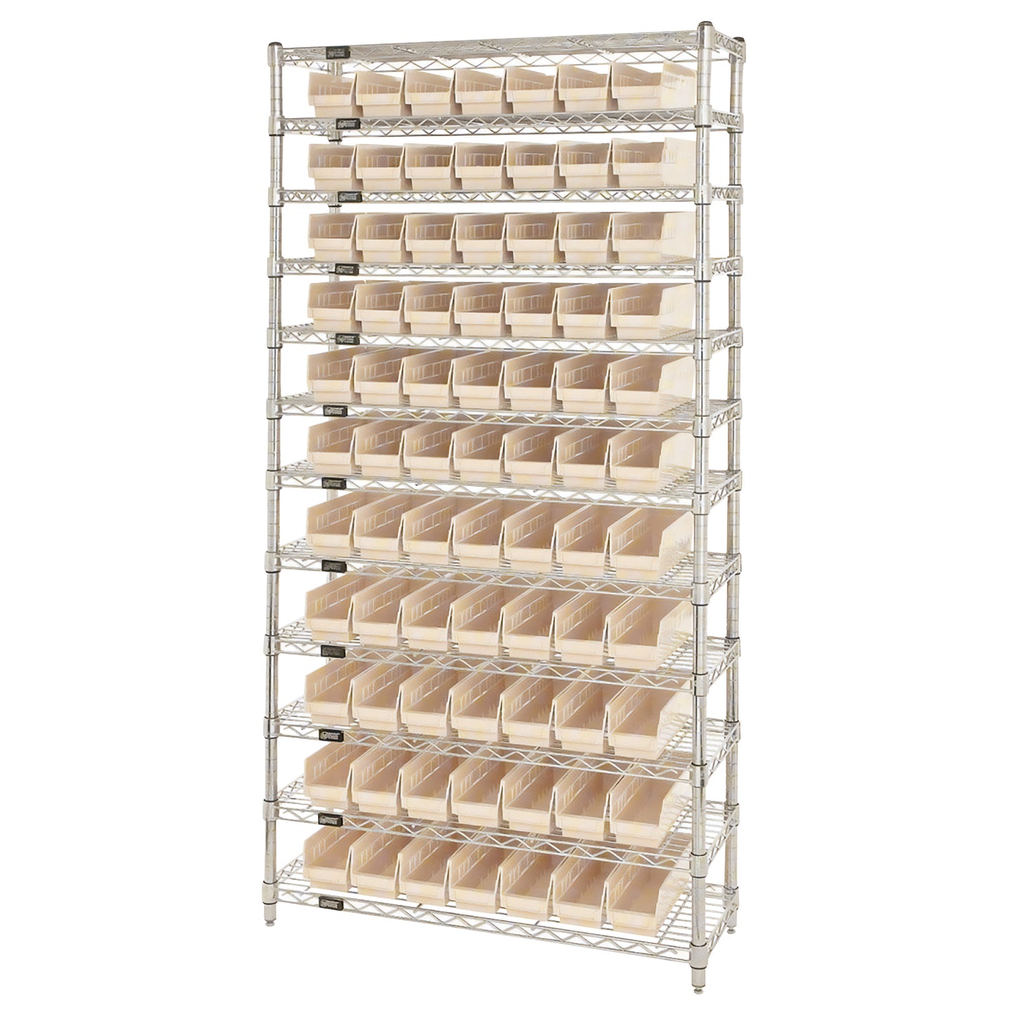 The Quantum Chrome Wire 12-Shelf Bin System features multiple beige storage bins organized on a tall metal rack for efficient organization.
