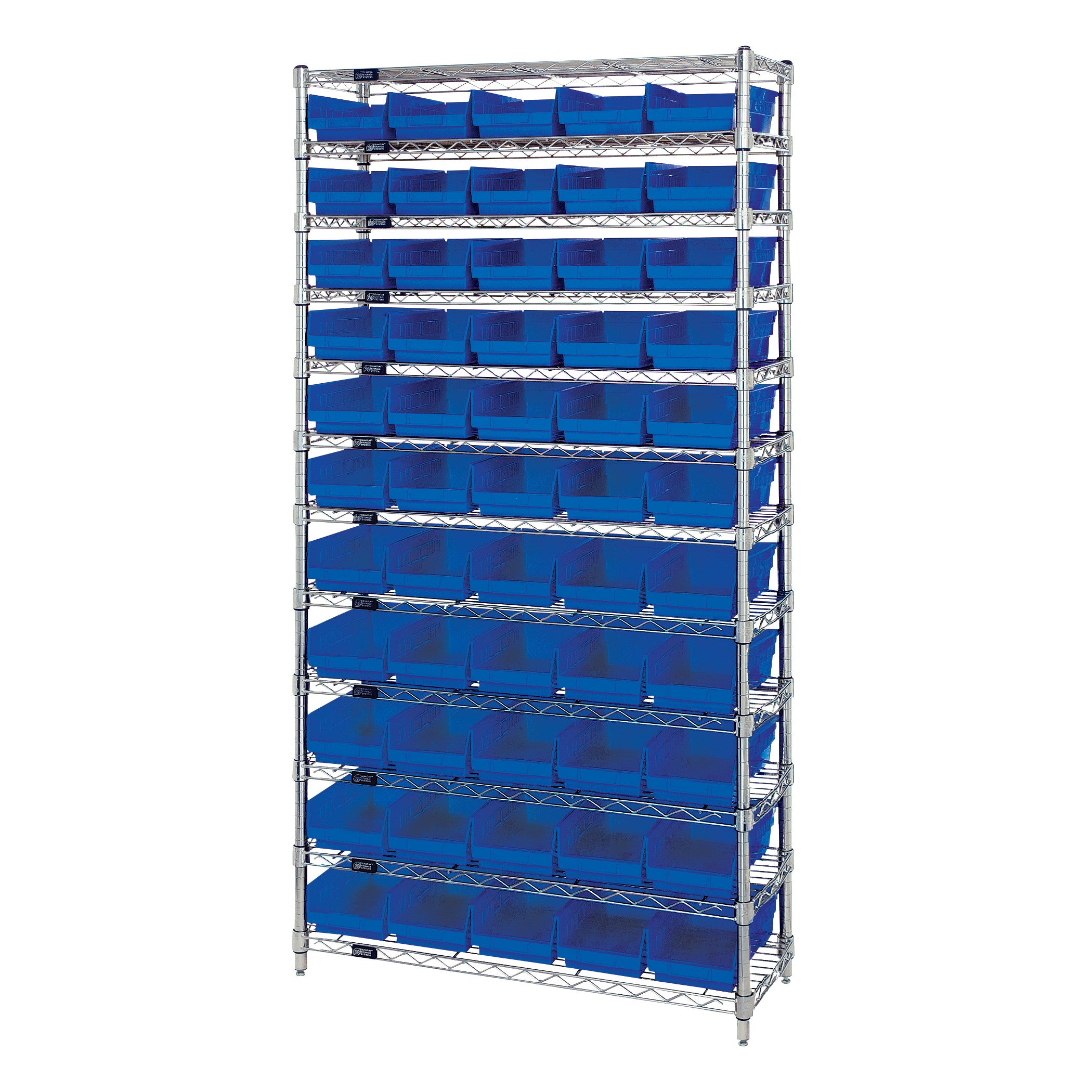 A Quantum Chrome Wire 12-Shelf Bin System with multiple blue bins, designed for organized storage on a steel wire frame.