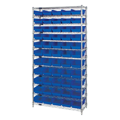 A Quantum Chrome Wire 12-Shelf Bin System with multiple blue bins, designed for organized storage on a steel wire frame.
