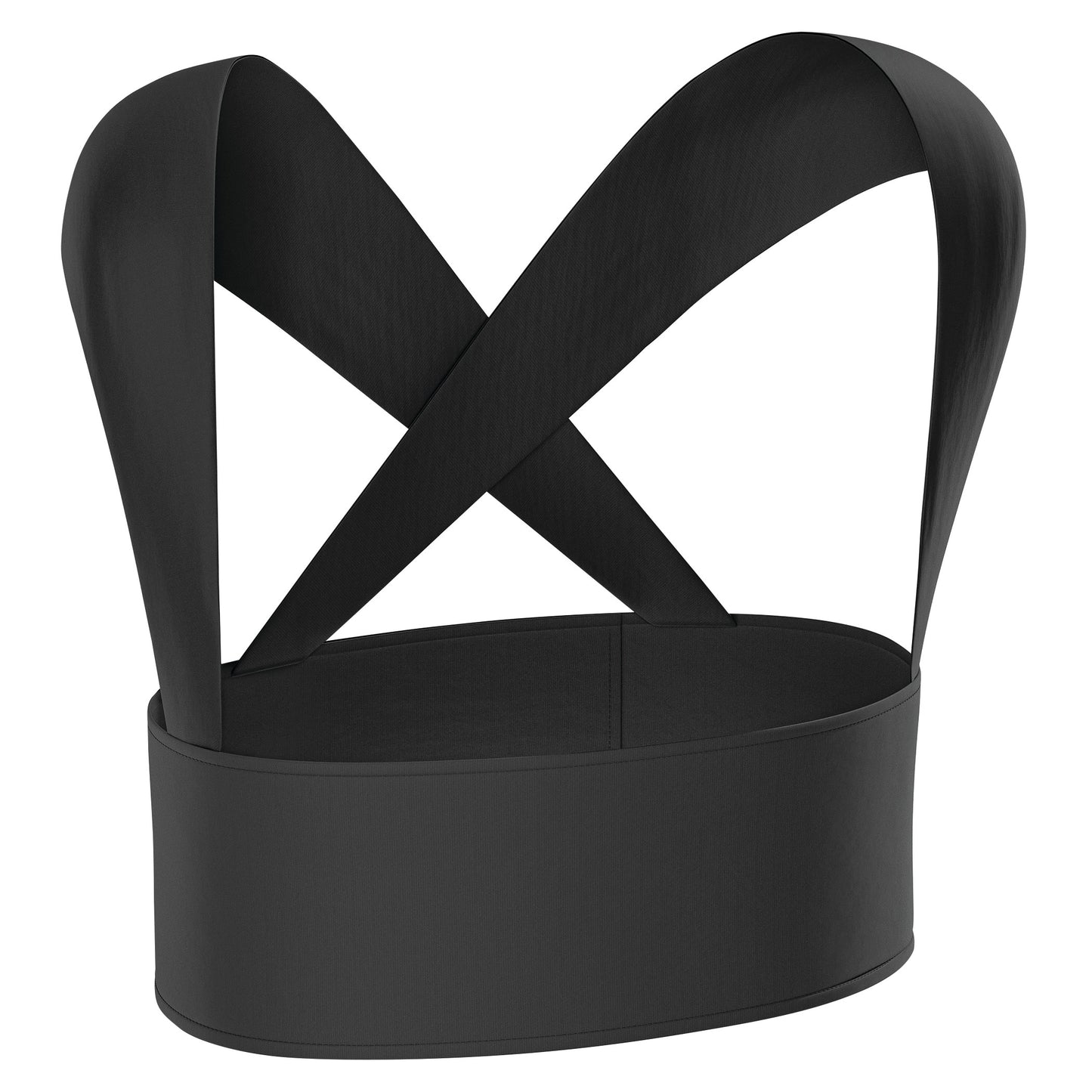 A black posture corrector with crossed straps and a wide band, designed for women, called Femi Posture.