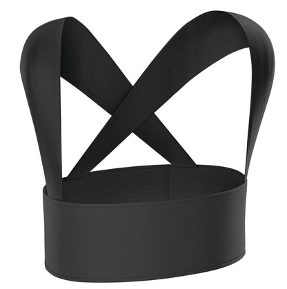 The Femi Posture is a black posture corrector with adjustable straps designed to improve posture by aligning the back and shoulders.