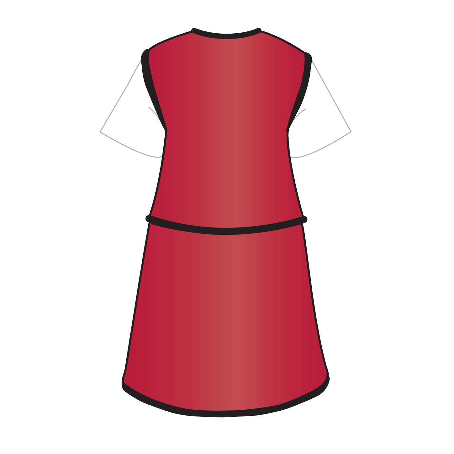 A red and black AliMed Grab n Go Vest and Kilt Set, Female, designed for radiation protection with a white underlayer, viewed from the back.