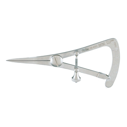 Castroviejo Calipers made of stainless steel, with a measuring scale and adjustable screw for precise measurement in millimeters.