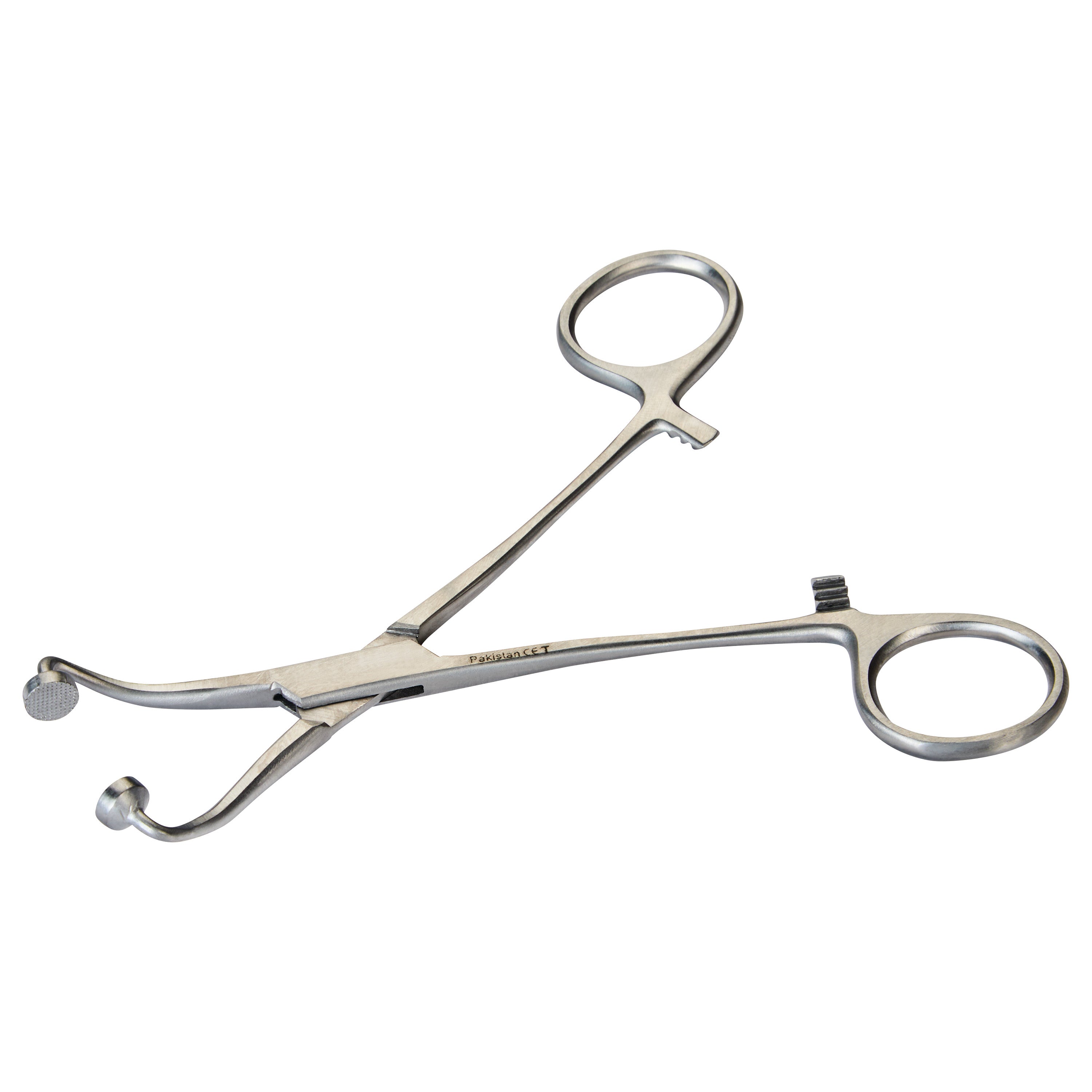 A Hoff Towel Clamp with finger rings and curved, serrated tips designed for gripping towels during surgical procedures.