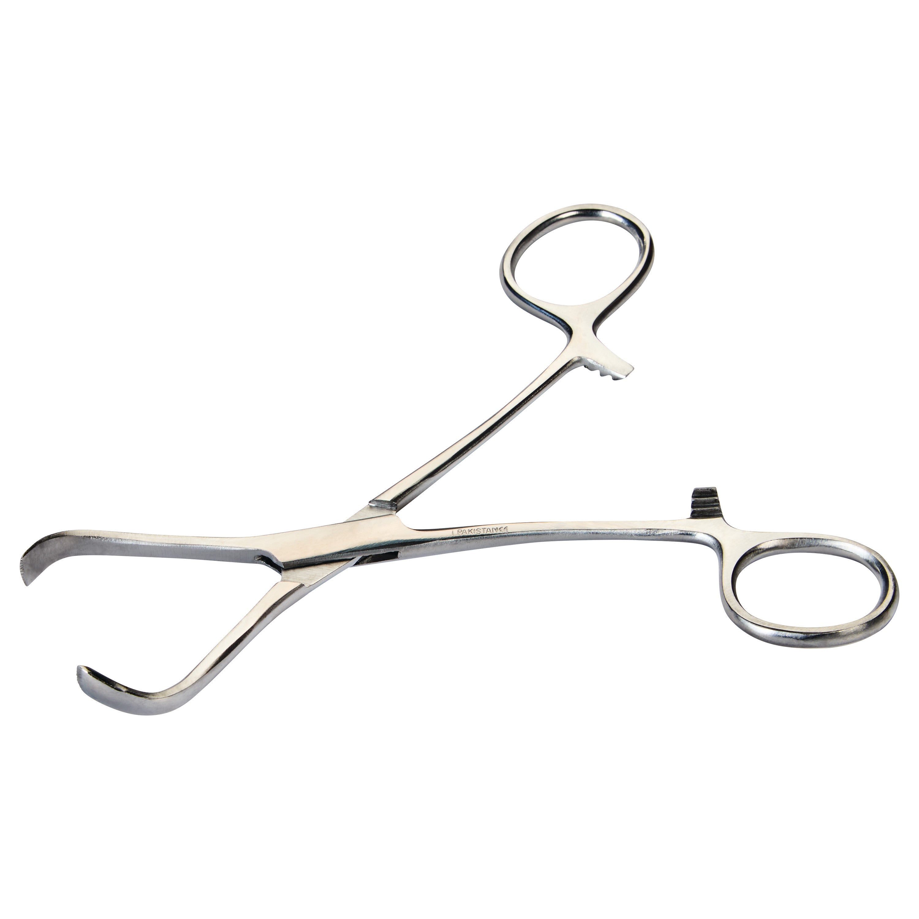 A stainless steel Lorna Towel Clamp with curved, blunt jaws and finger rings against a white background.