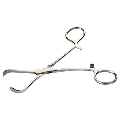 A stainless steel Lorna Towel Clamp with curved, blunt jaws and finger rings against a white background.