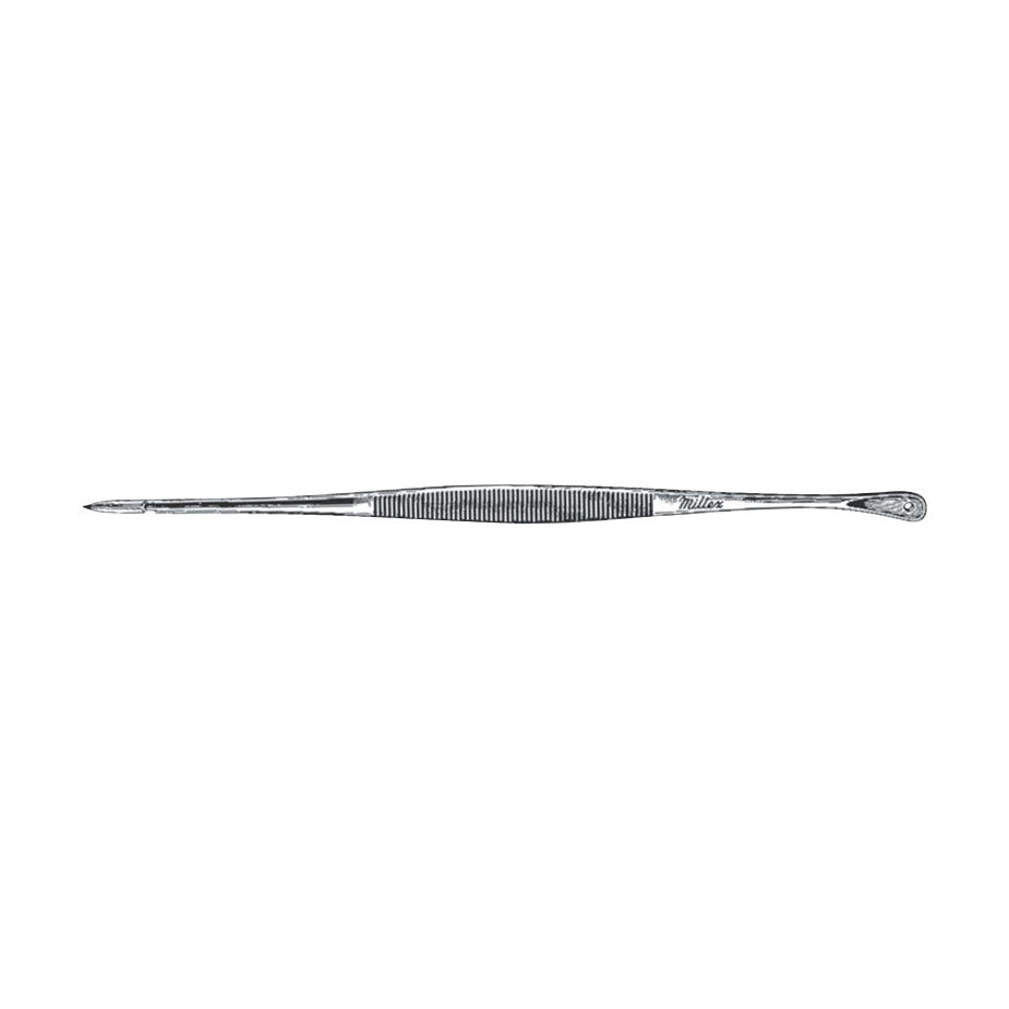 The Saalfield Comedone Extractor is a metal tool with a pointed end and a loop end, used for removing blackheads and whiteheads.