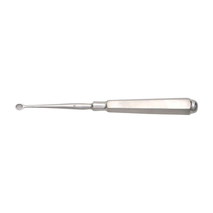 A Piffard Dermal Curette, a surgical instrument with a rounded loop and a textured handle, used for scraping skin lesions.