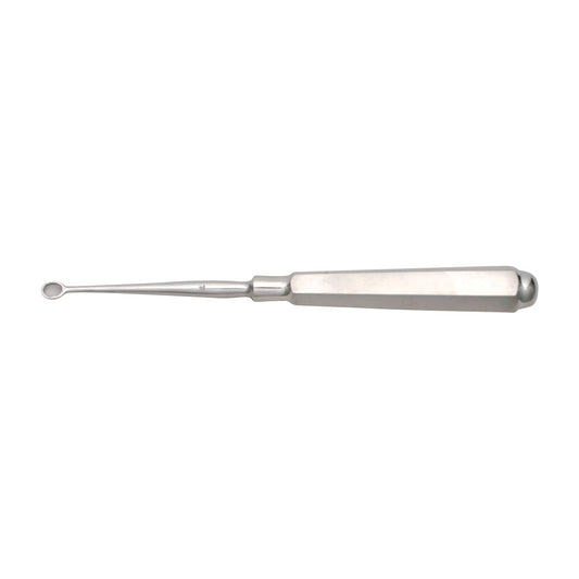 A Piffard Dermal Curette, a surgical instrument with a rounded loop and a textured handle, used for scraping skin lesions.